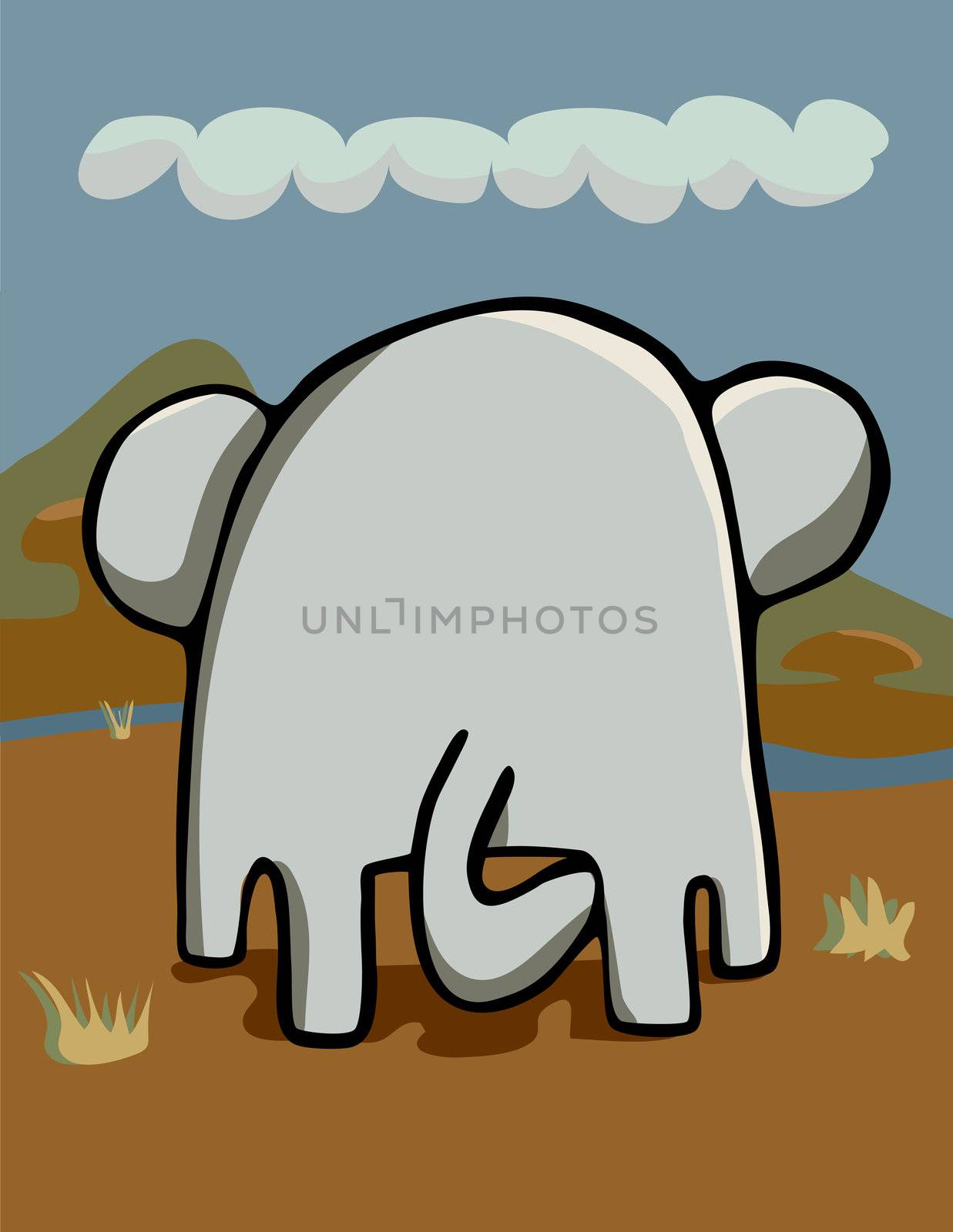Rear-end view of an elephant grazing in an African grassland.