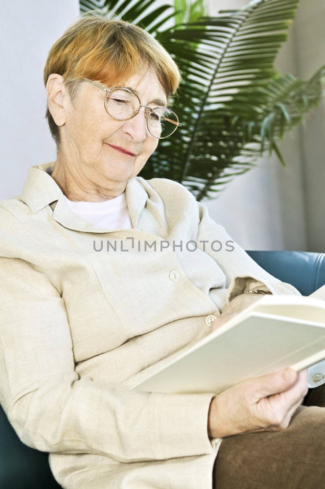 Elderly woman relaxing on couch reading a book