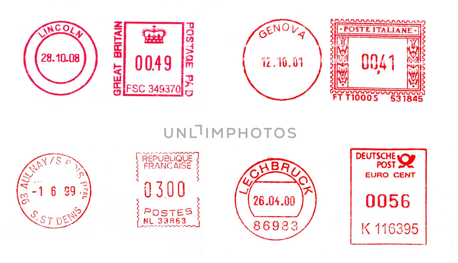 Postage meters, rubber stamps, mail labels isolated over white