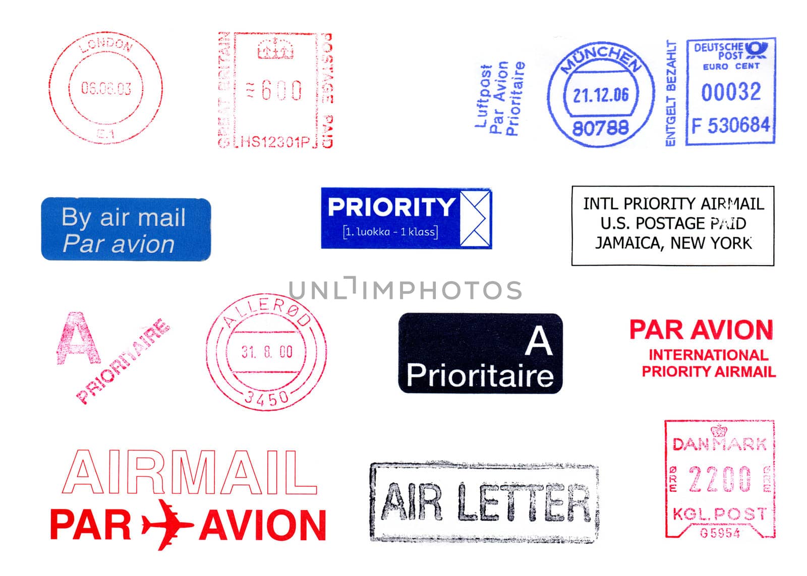 Postage meters, rubber stamps, mail labels isolated over white