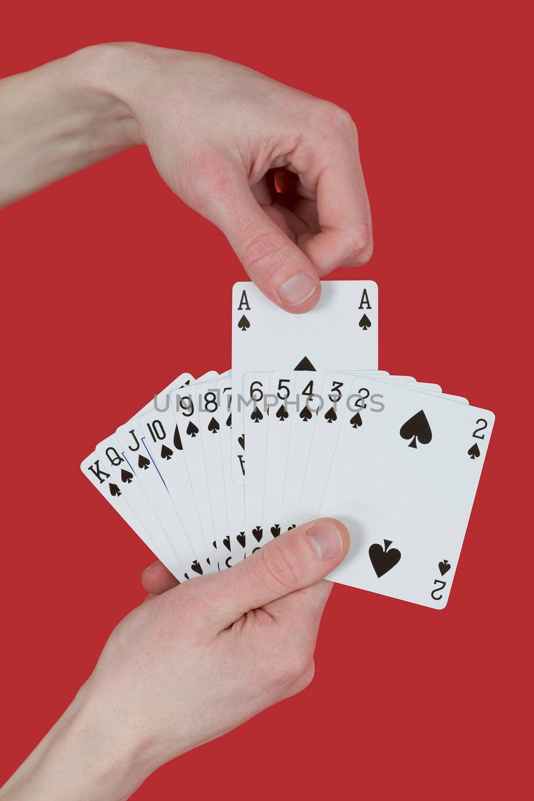 Playing cards on hands on the red background