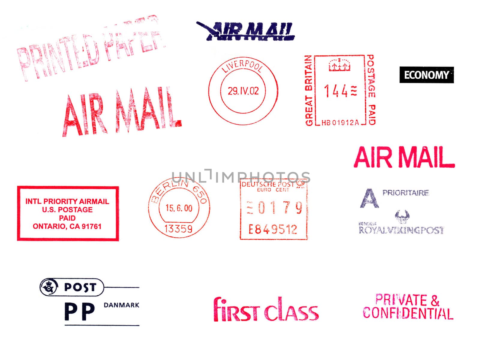 Postage meters, rubber stamps, mail labels isolated over white