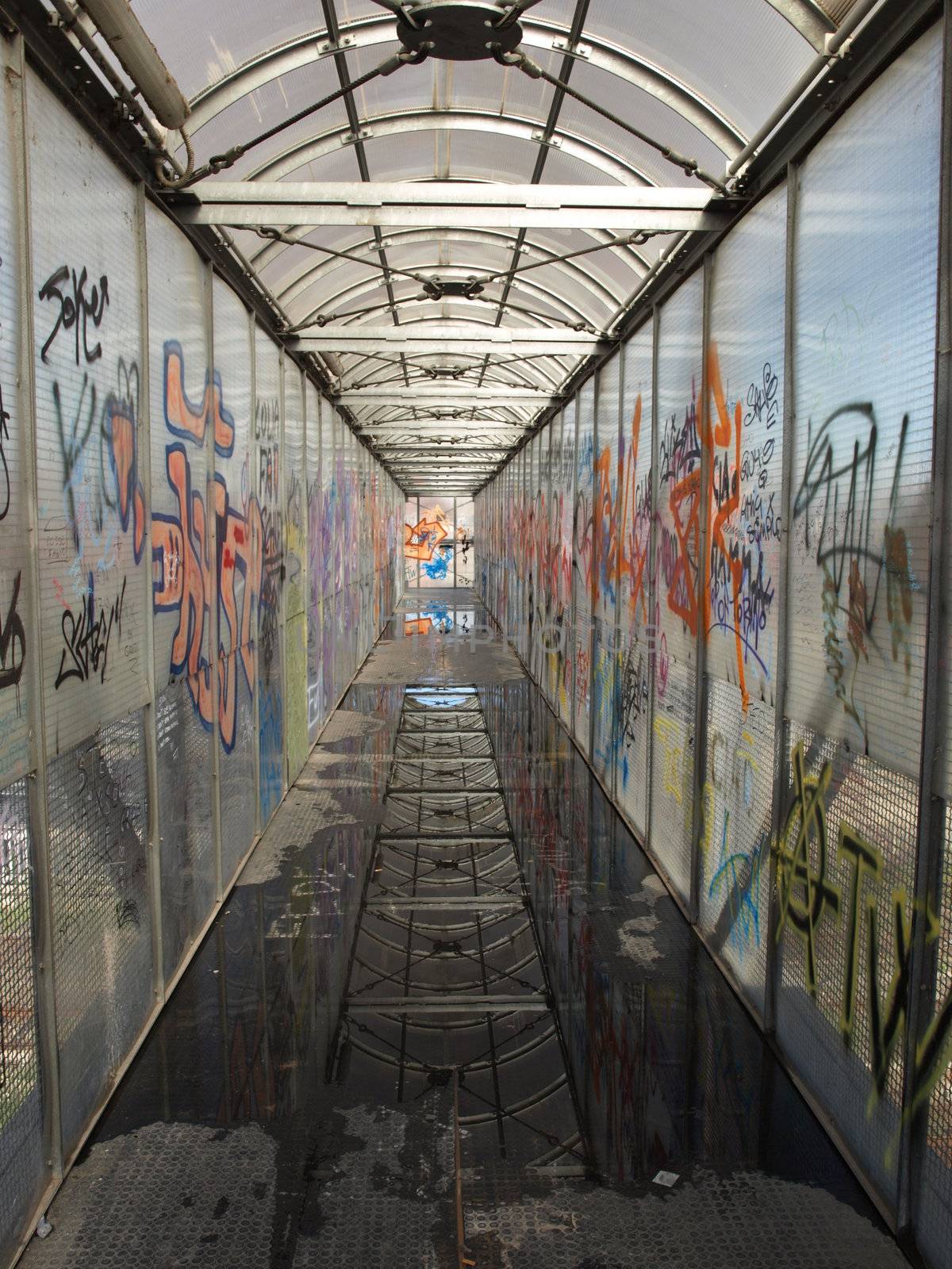 Pedestrian bridge with graffiti