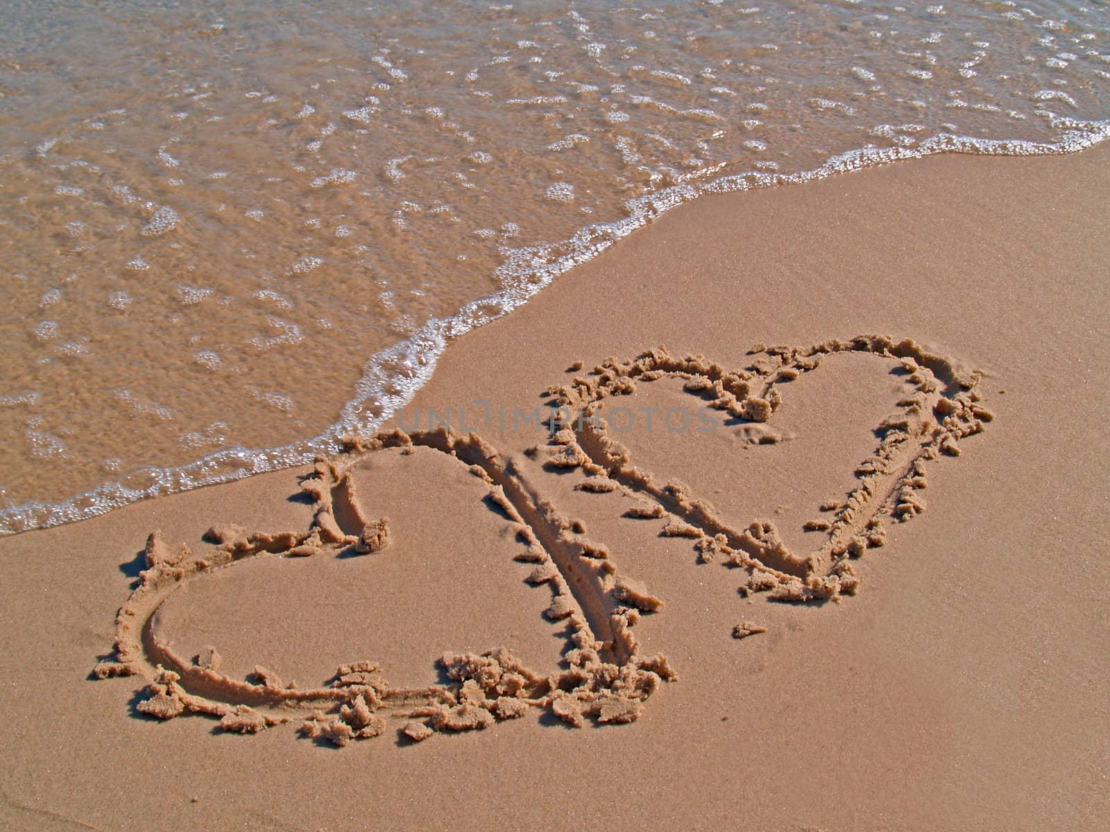 Hearts drawn on sand of a beach, Usedom, Germany
