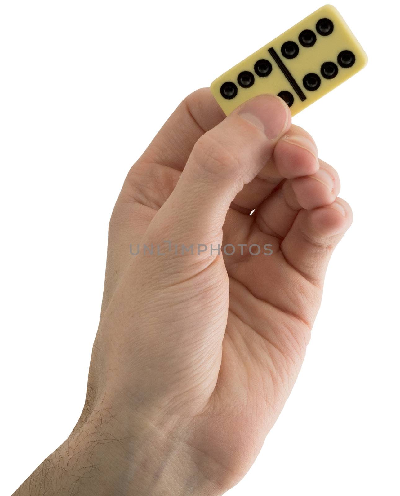 Bone dominoes on male hand on the white background