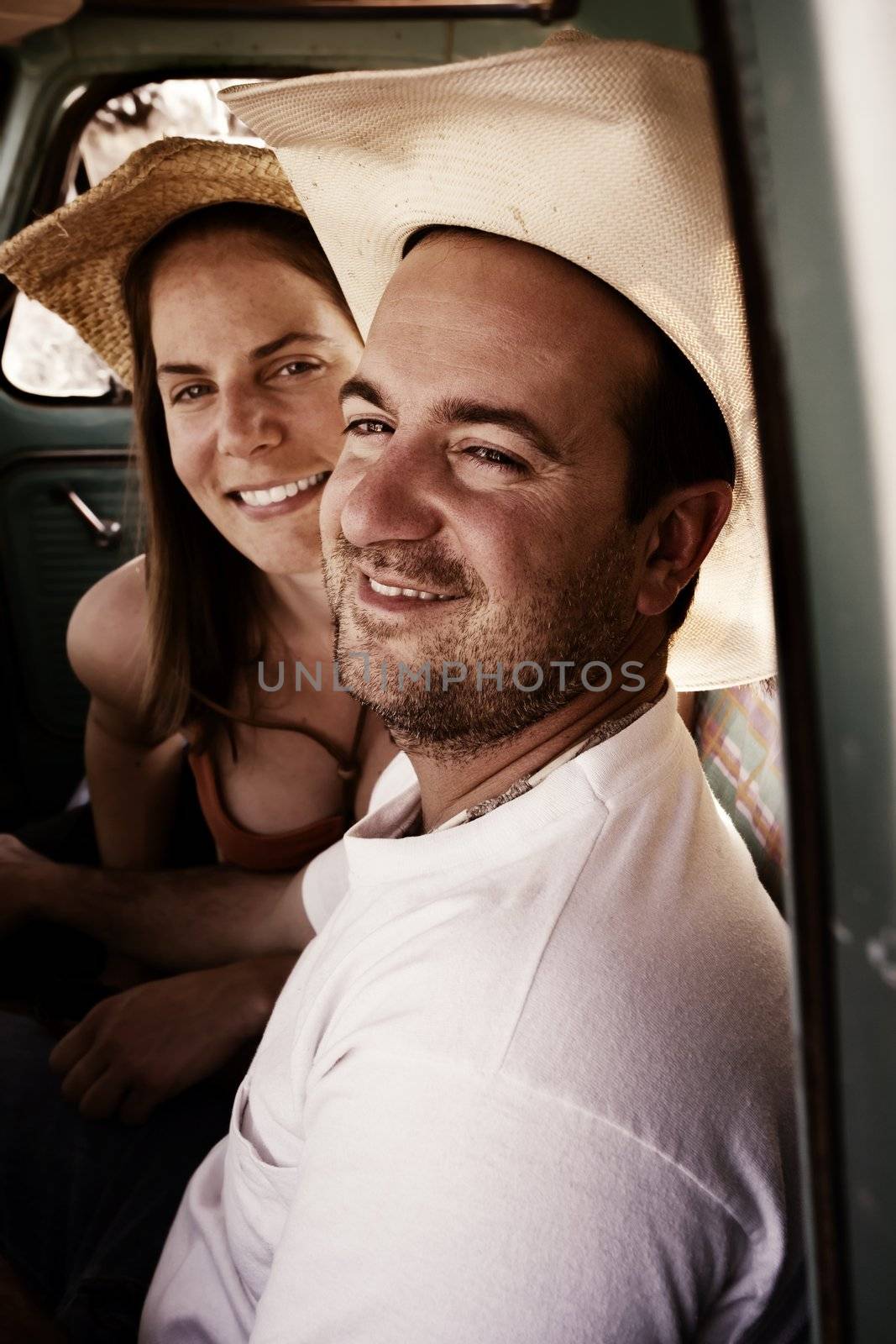 Cowboy and woman in pickup truck by Creatista