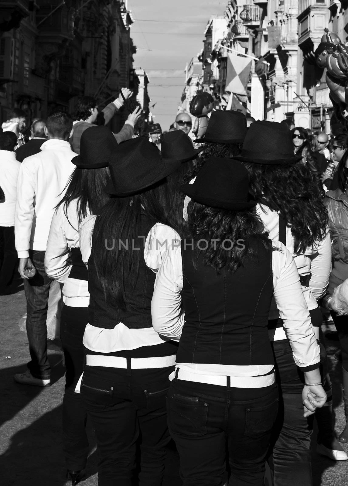 VALLETTA, MALTA - Feb 21st 2009 - Young girls having fun at the International Carnival of Malta 2009