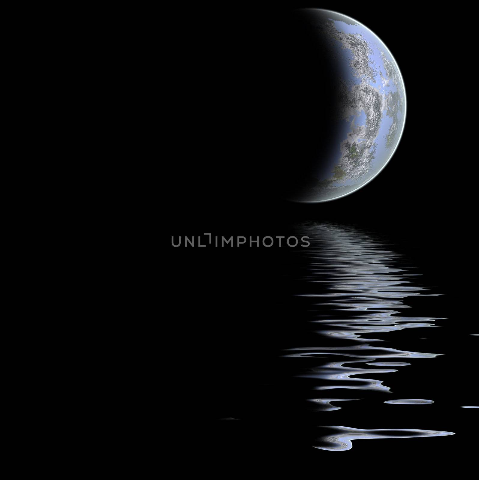 large moon reflecting over smooth waves on water  black outer space nice web background
