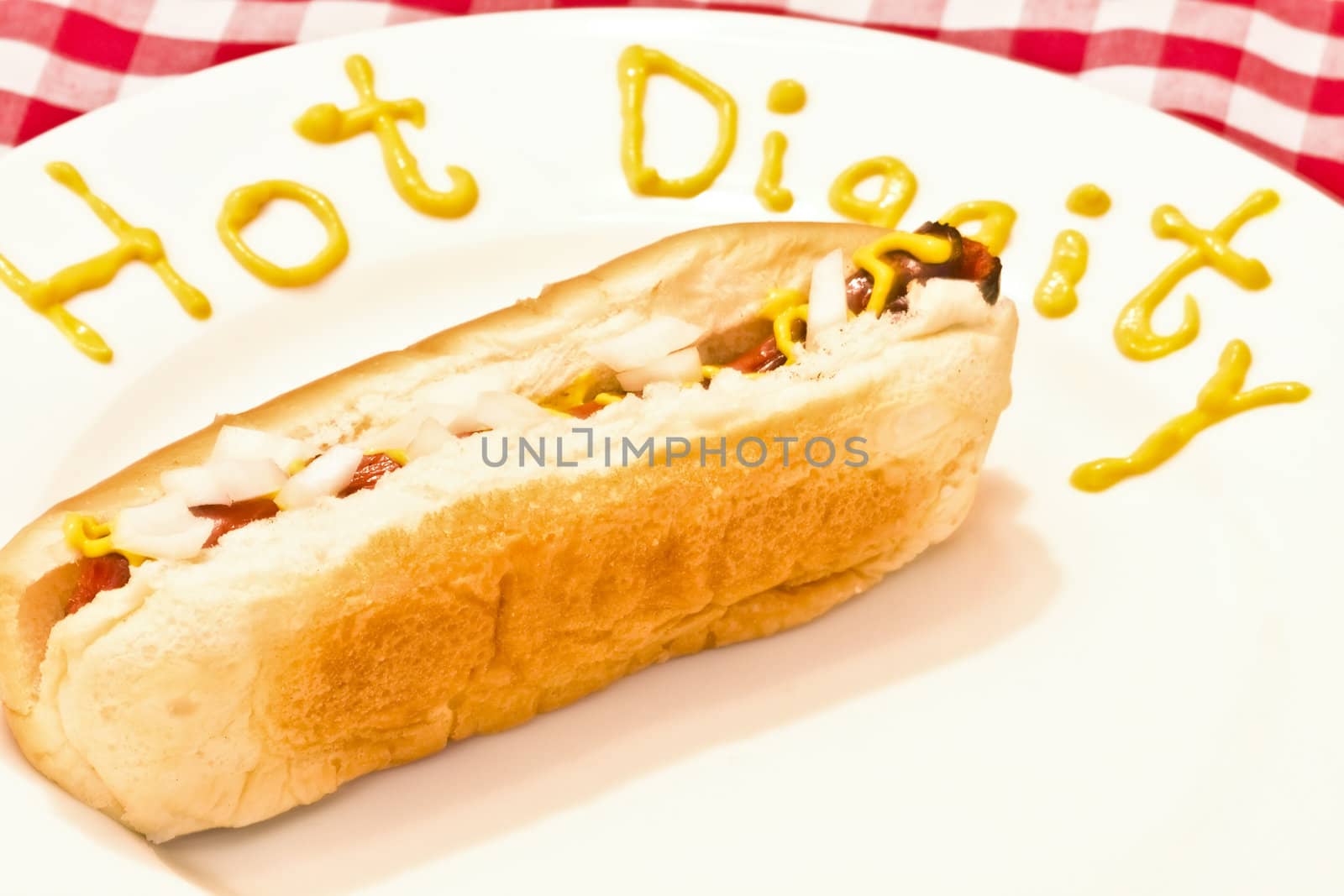 hot dog on a white plate with hot diggity spelled out