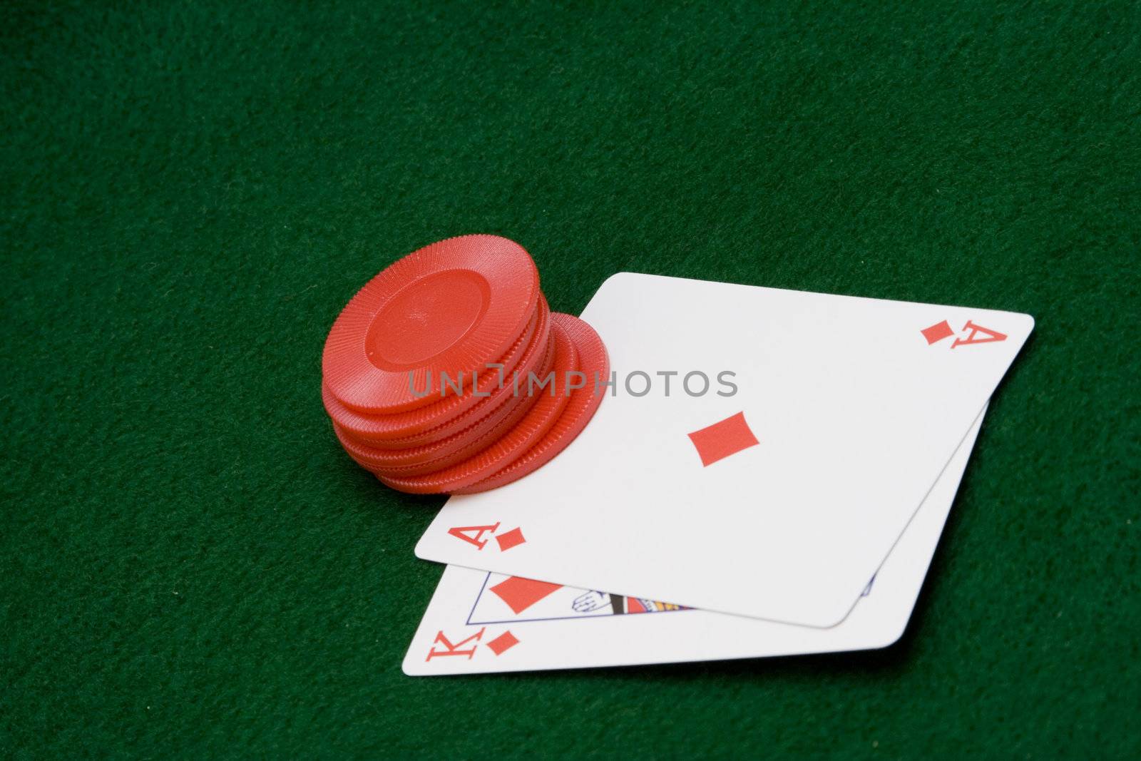 close up of cards and chips on green felt with winning hand