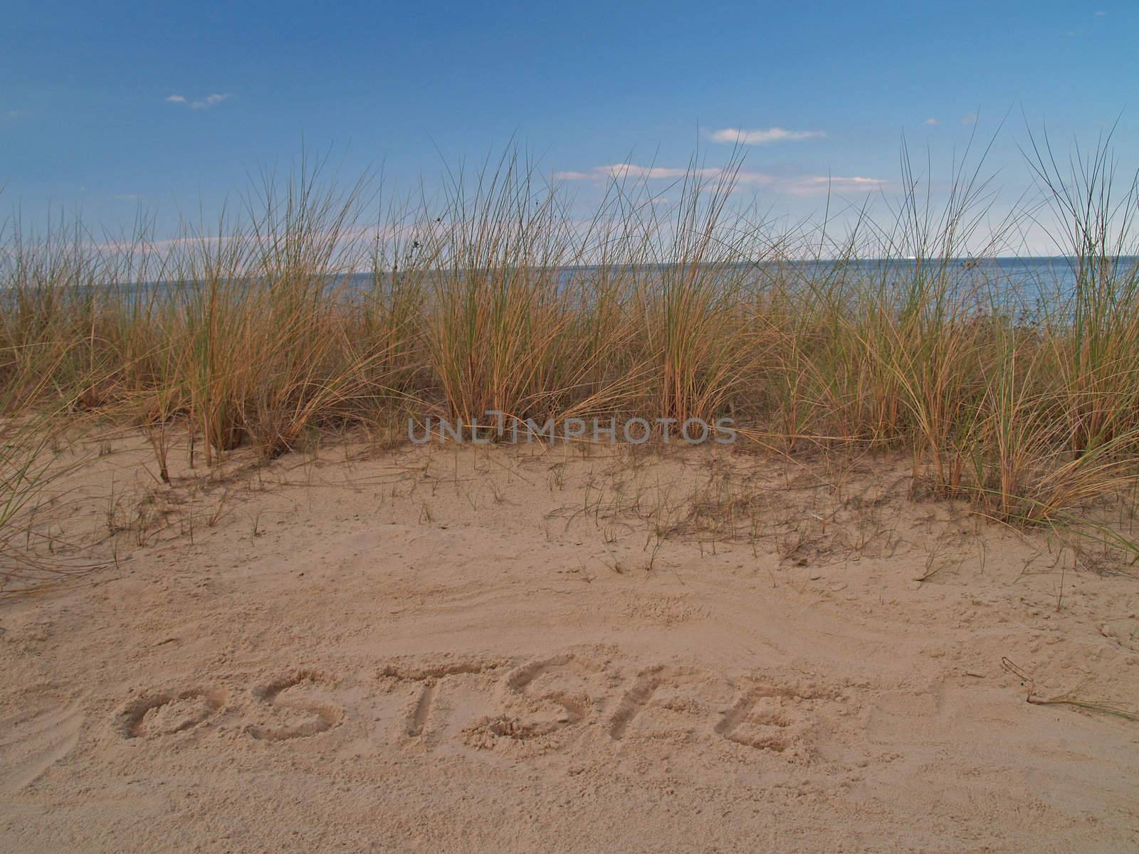Ostsee, Baltic Sea, drawn on sand on the island Usedom, Germany
