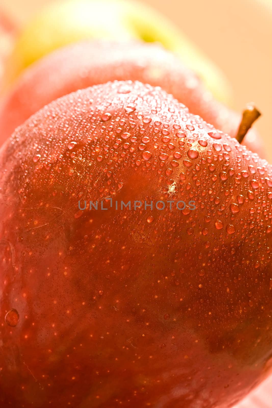 macro shot of fresh ripe apples washed with water