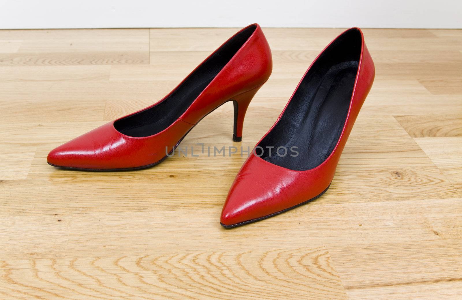 fashionable female shoes on wooden floor