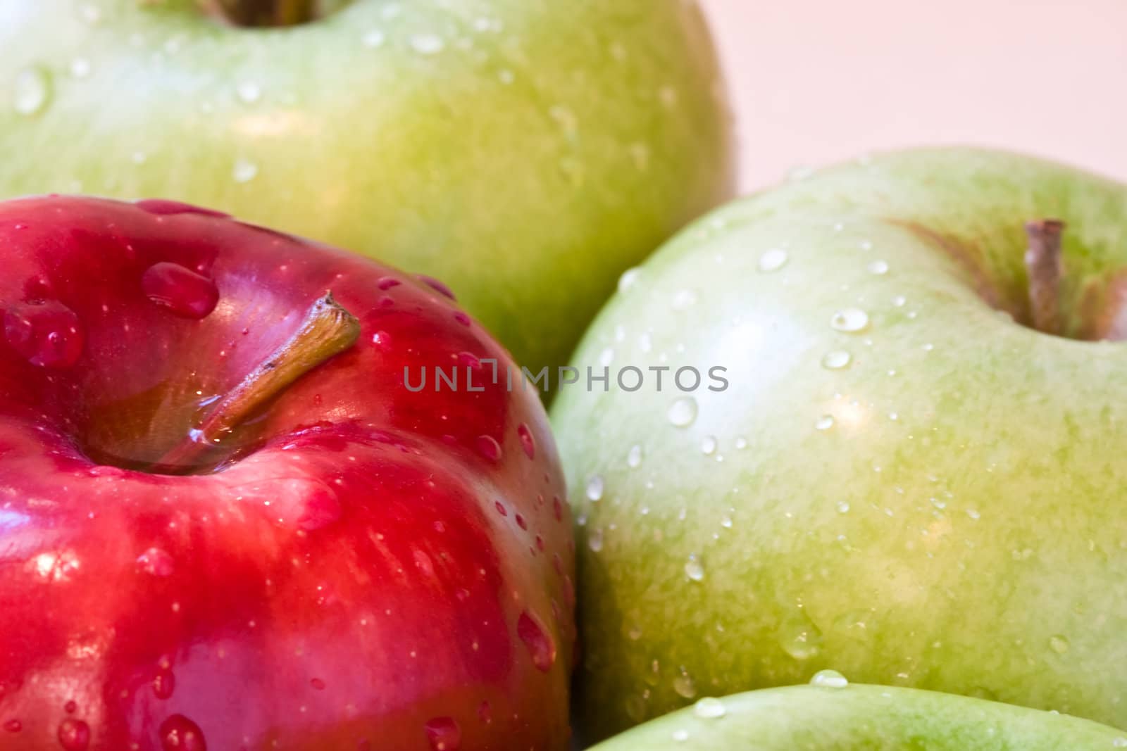 one red apple mixed in with a bunch of green apples