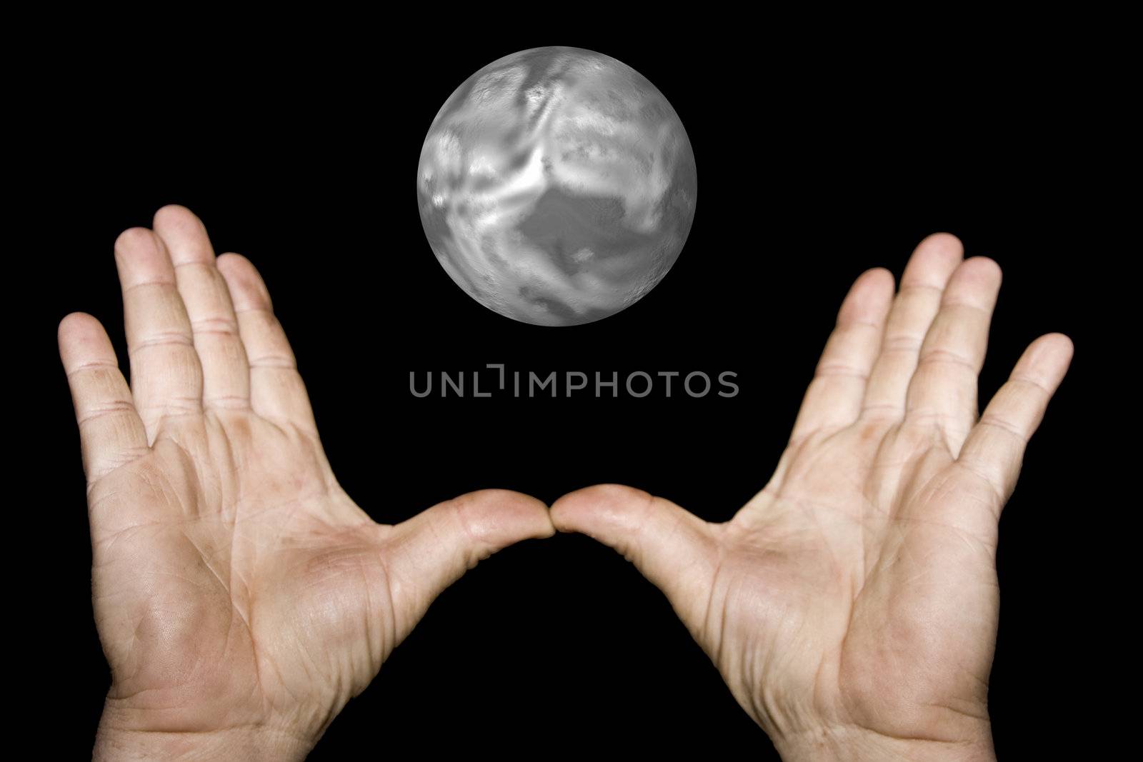 pair of male hands holding up in front of a star filled night