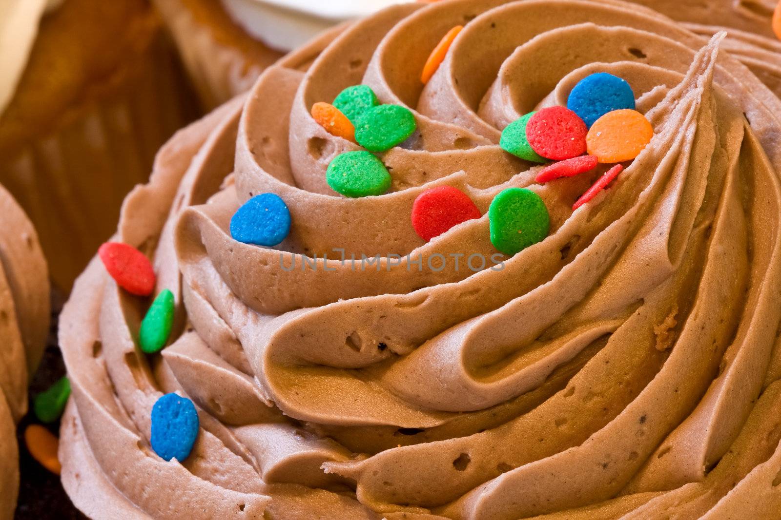 freshly baked cupcakes close up with colored candies on the frosting