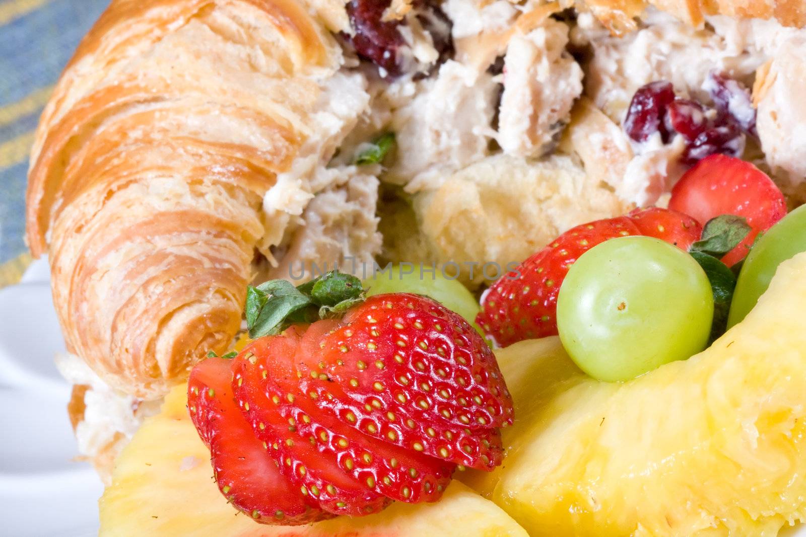 fresh homemade chicken salad sandwich on a white plate with cut fruit grape strawberry and pineapple