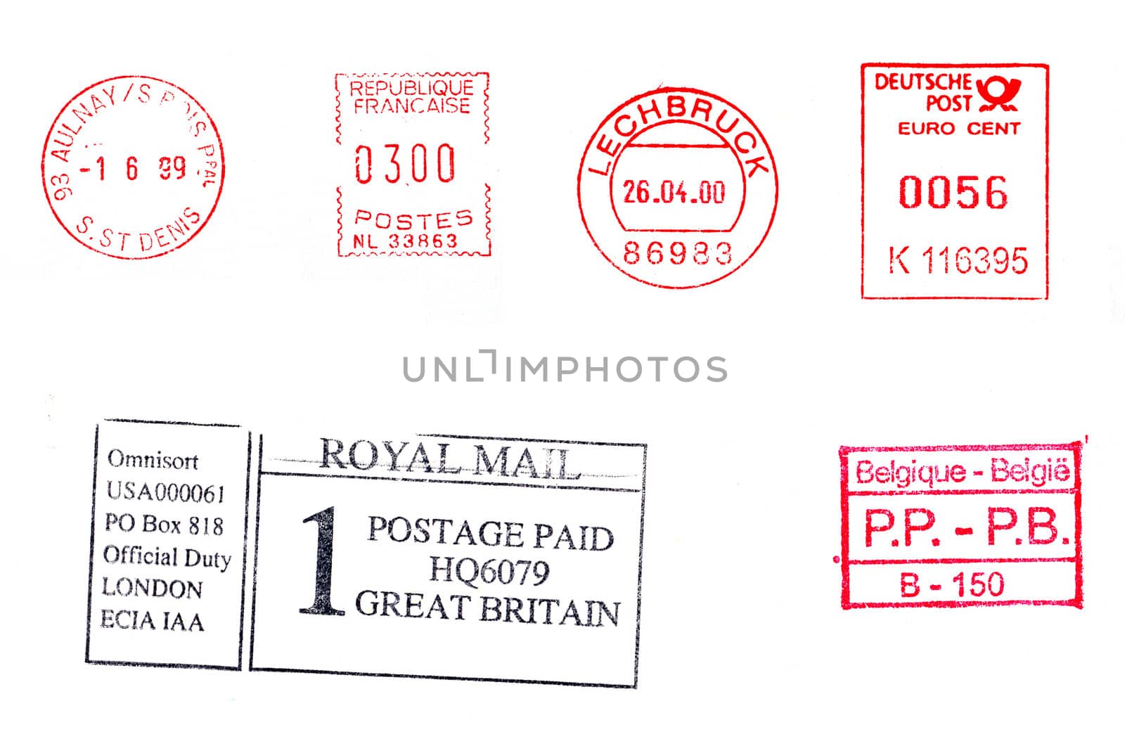 Postage meters, rubber stamps, mail labels isolated over white
