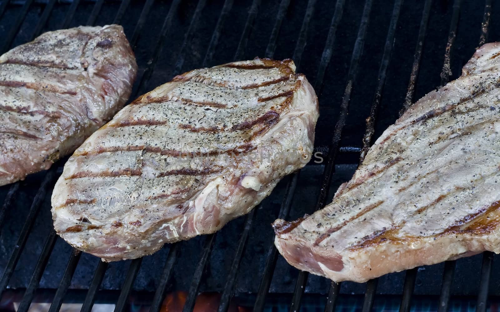 Grilling steaks on the grill nice cuts of meat close up shot shallow DOF