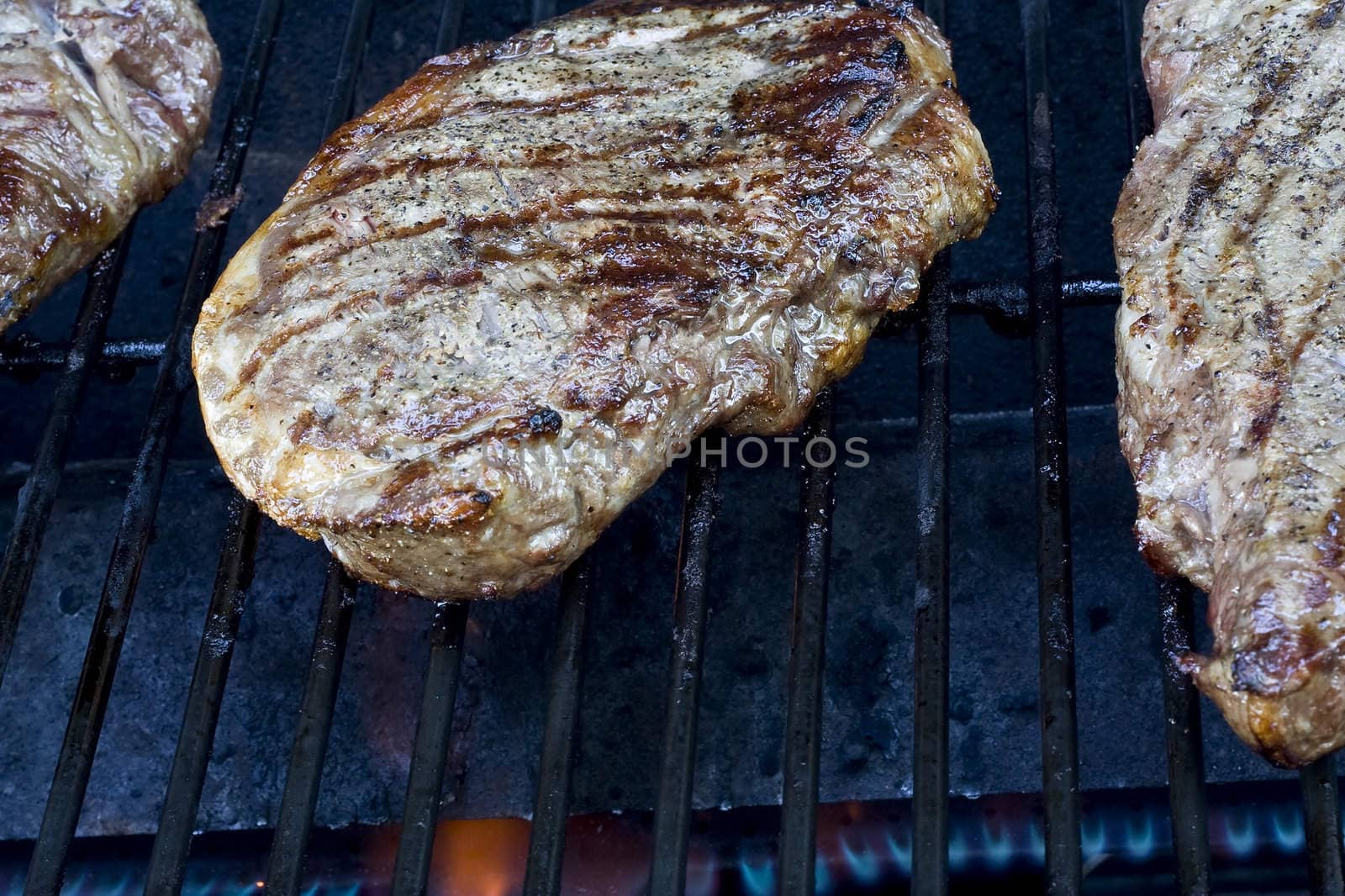 Grilling steaks on the grill nice cuts of meat close up shot shallow DOF