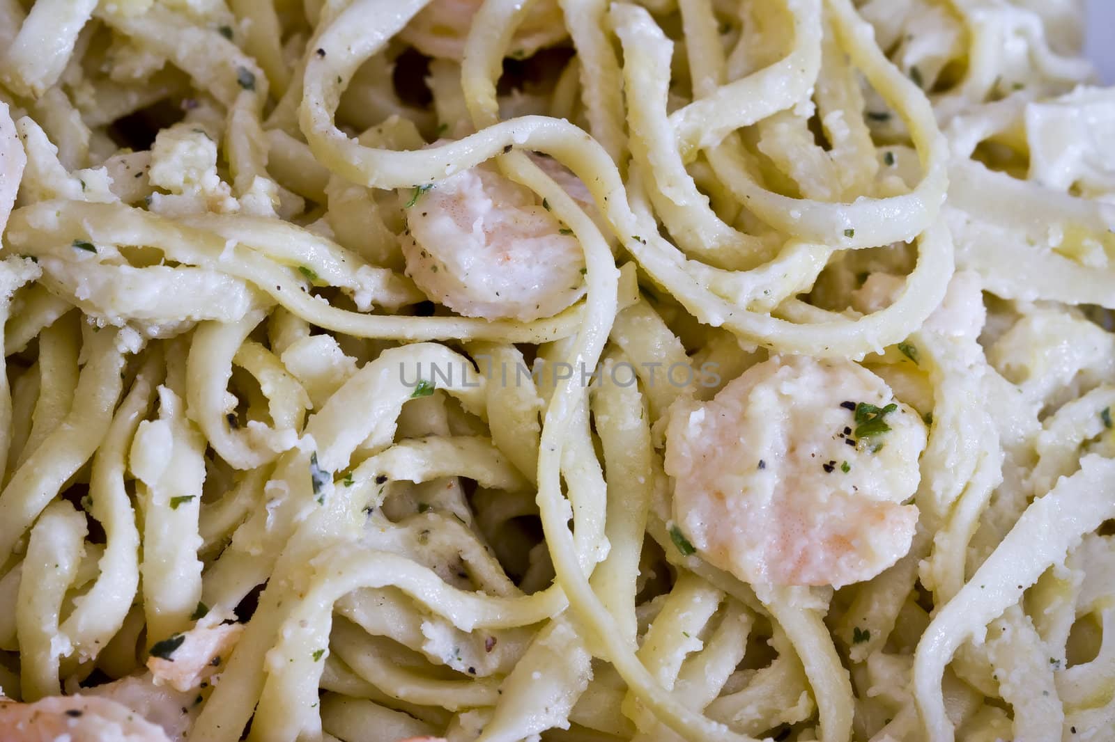 white plate full of shrimp pasta seasoned and hot
