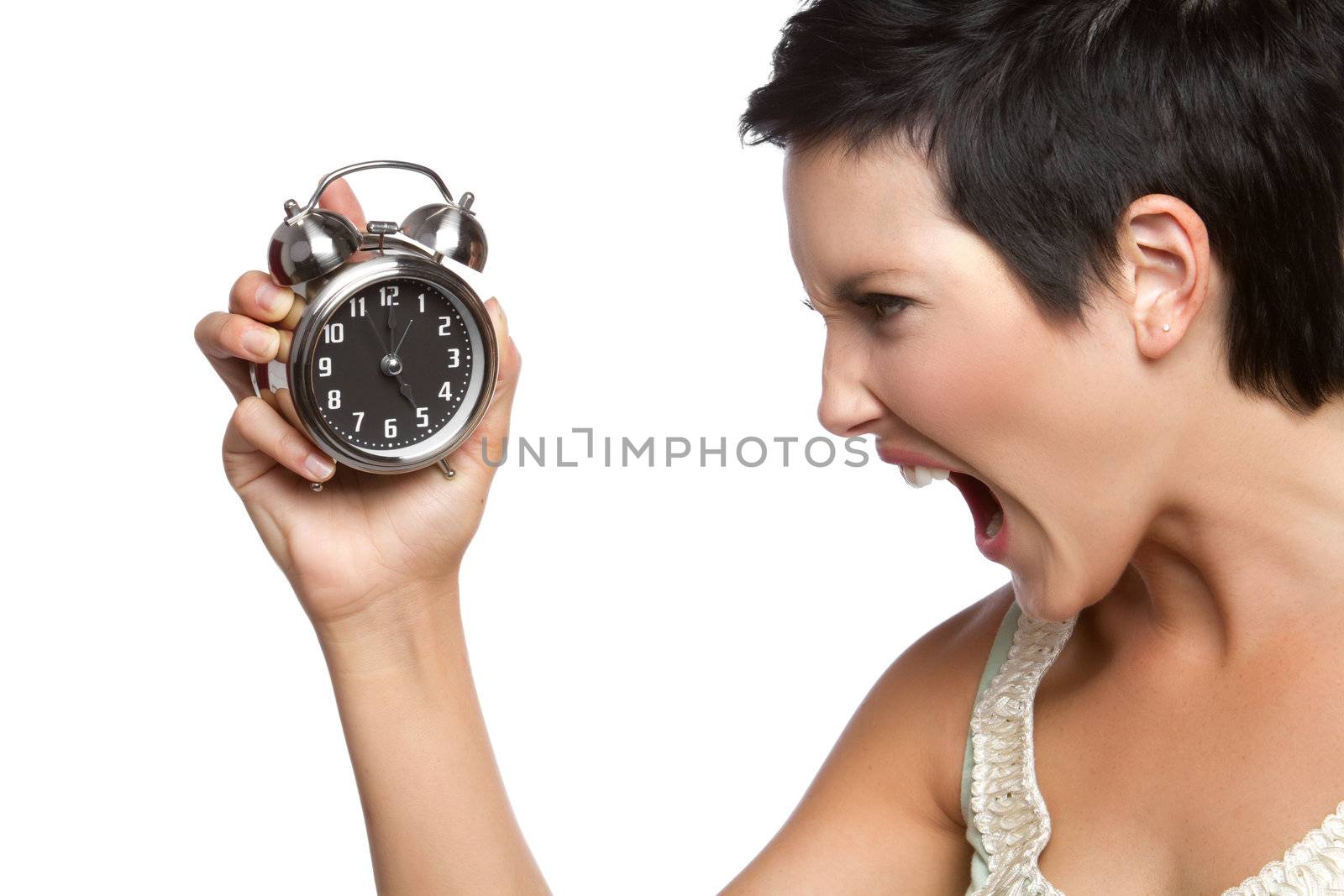 Angry yelling alarm clock woman