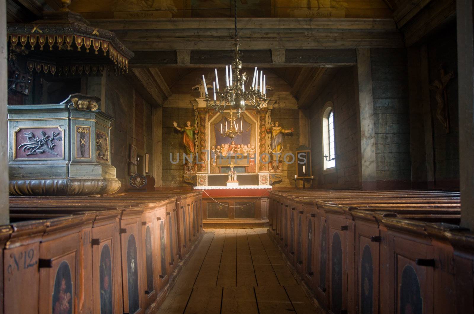 Interior of a traditional wooden church
