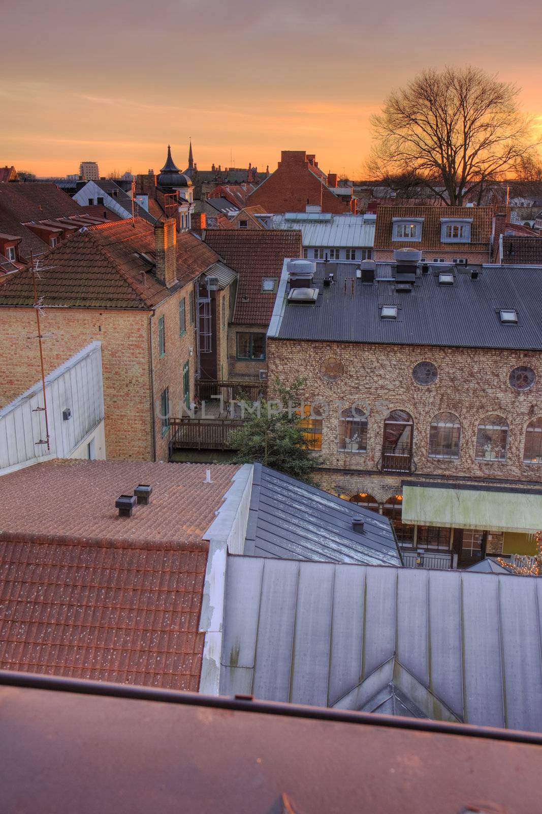 View of the roofs ot Lund, Sweden, at sunset