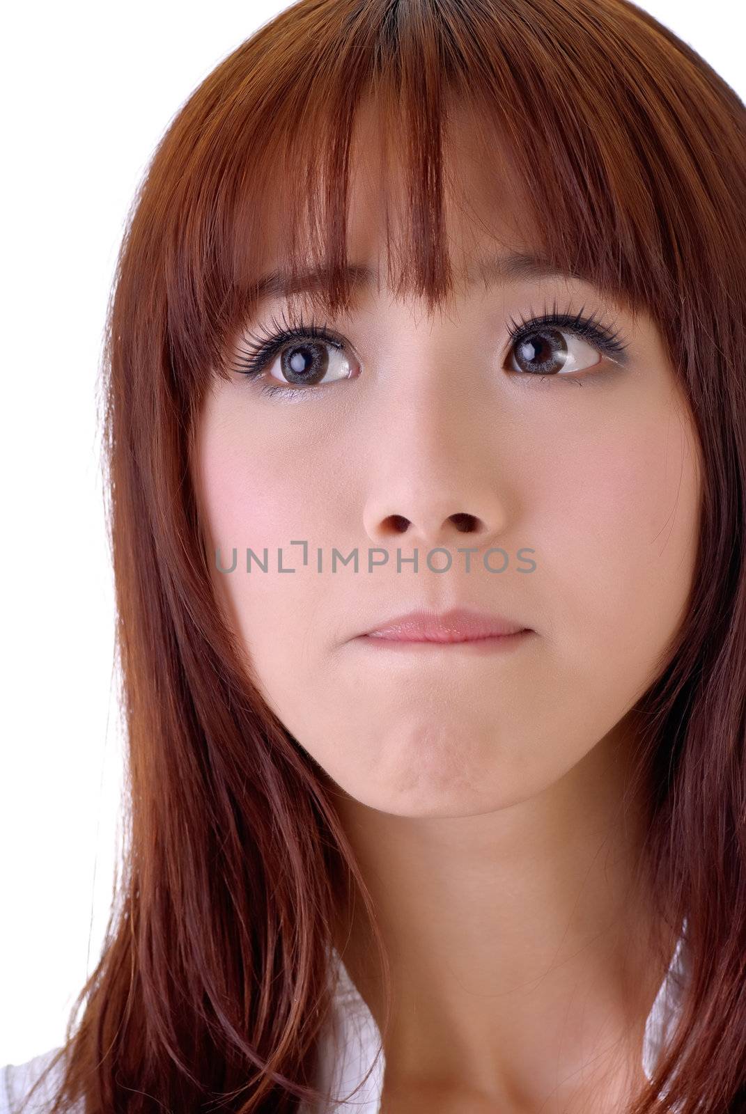Expression of frustration on face, closeup portrait of Asian business woman.