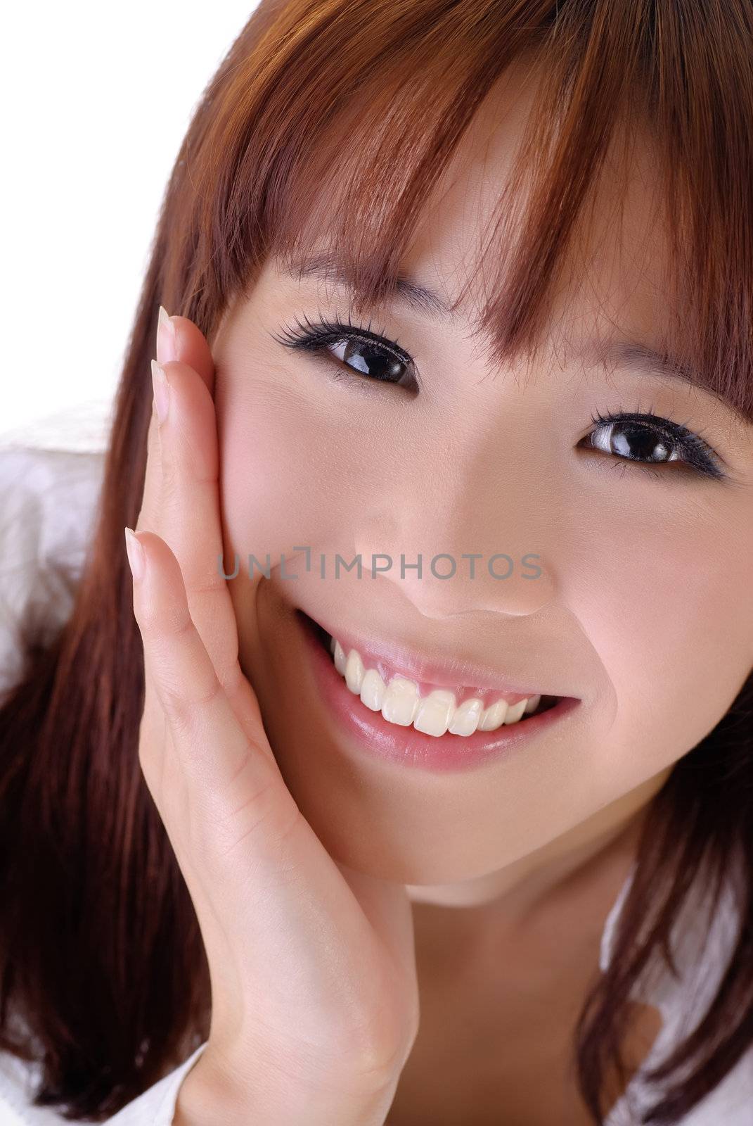 Expression of happy with smile, closeup portrait of Asian businesswoman face.