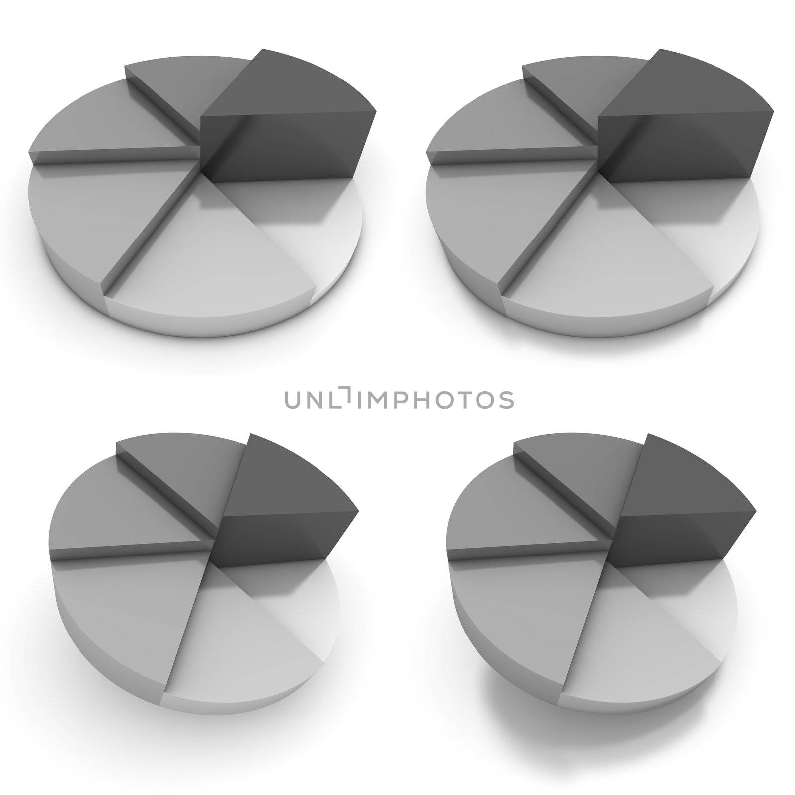 reflective pie chart - six shades of grey - four views