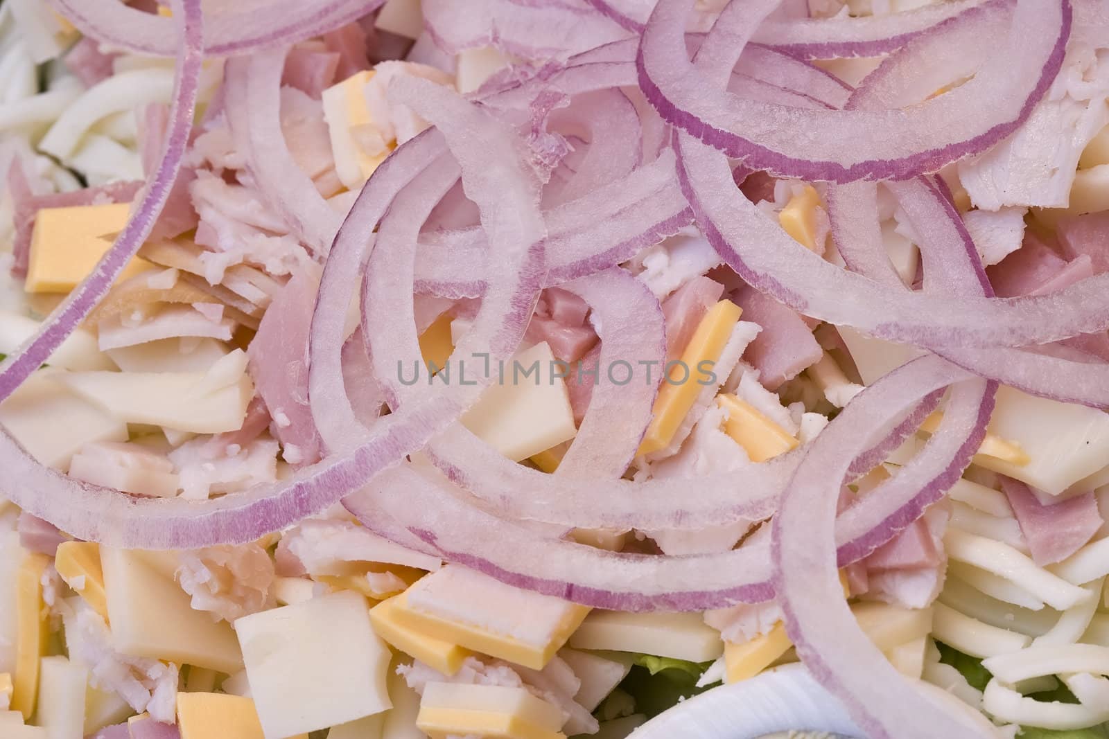 macro shot of a dinner salad with tons of red onions