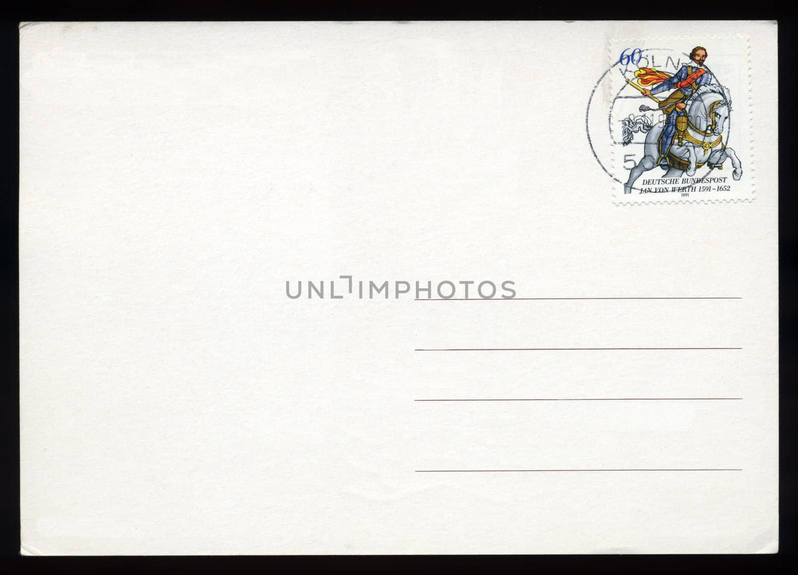 Blank postcard with stamp and postage meter