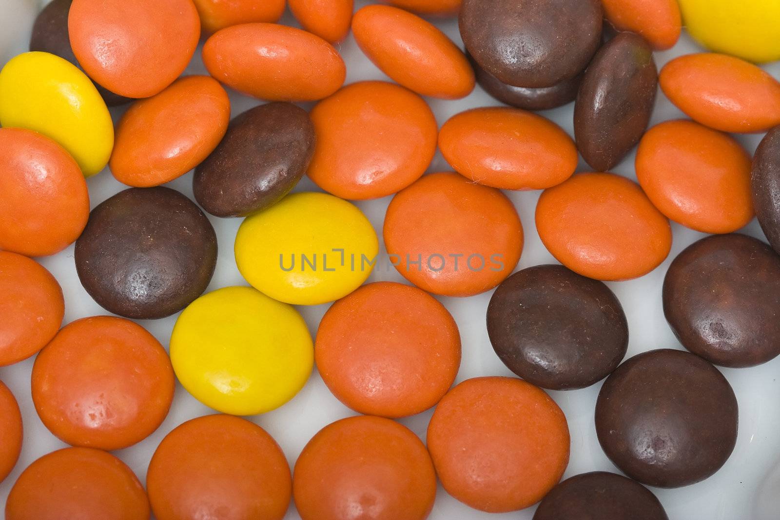 close up of candy coated chocolate white background