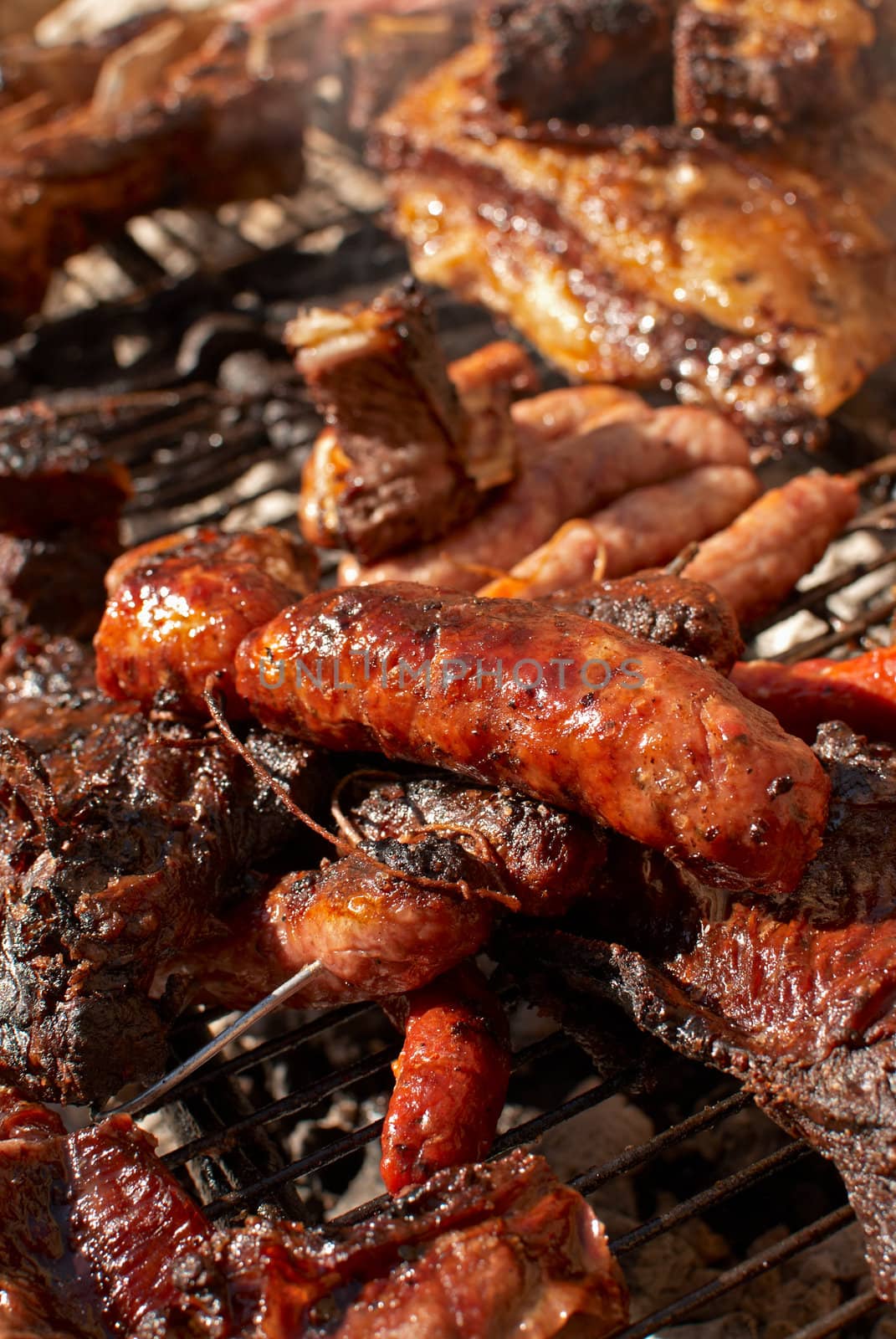 Closeup take of an Argentinian  barbecue, grilling meat