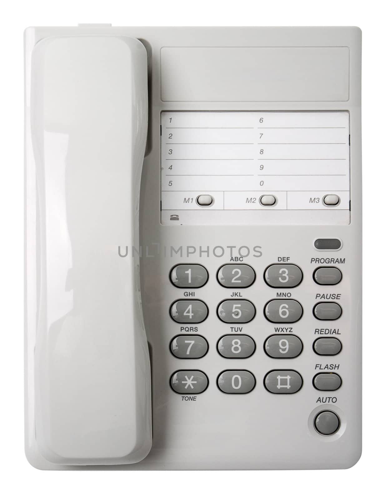 Office white phone. Isolated on a white background. View from above.