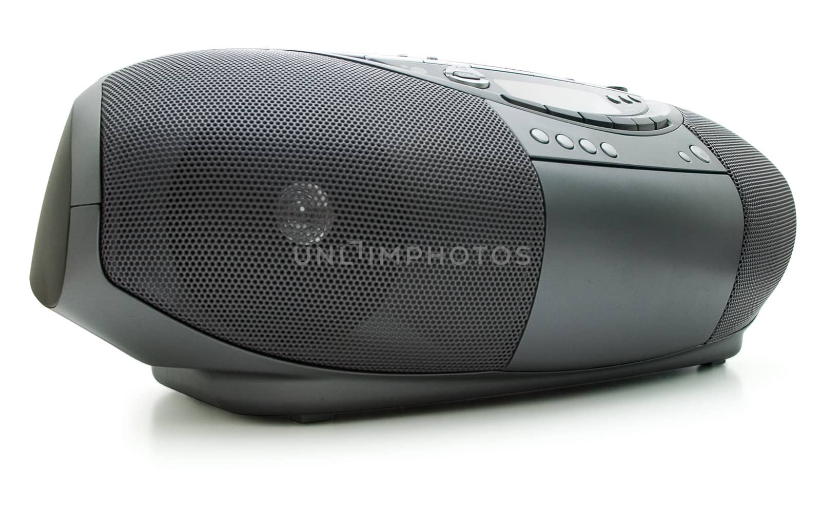 Modern CD radio cassette player on a white background. Light shade.
