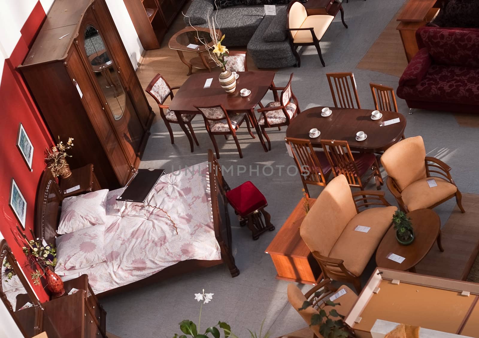 Furniture store. View from above at an exhibition of furniture.