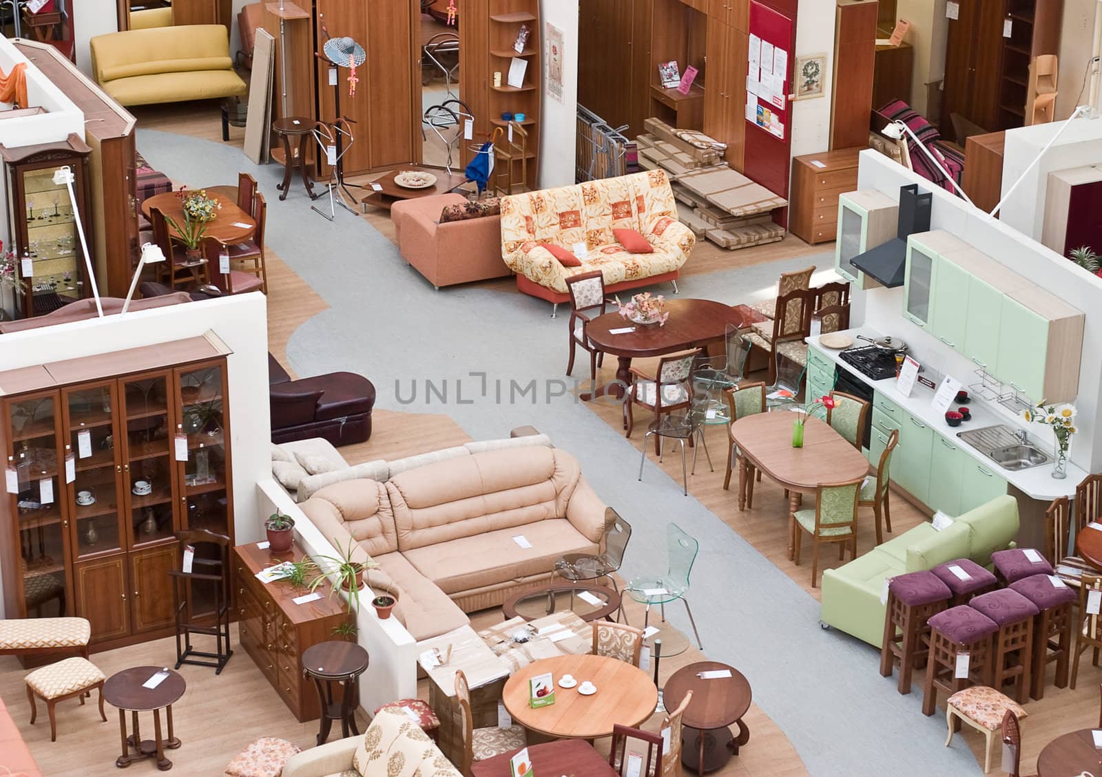 Furniture store. View from above at an exhibition of furniture.