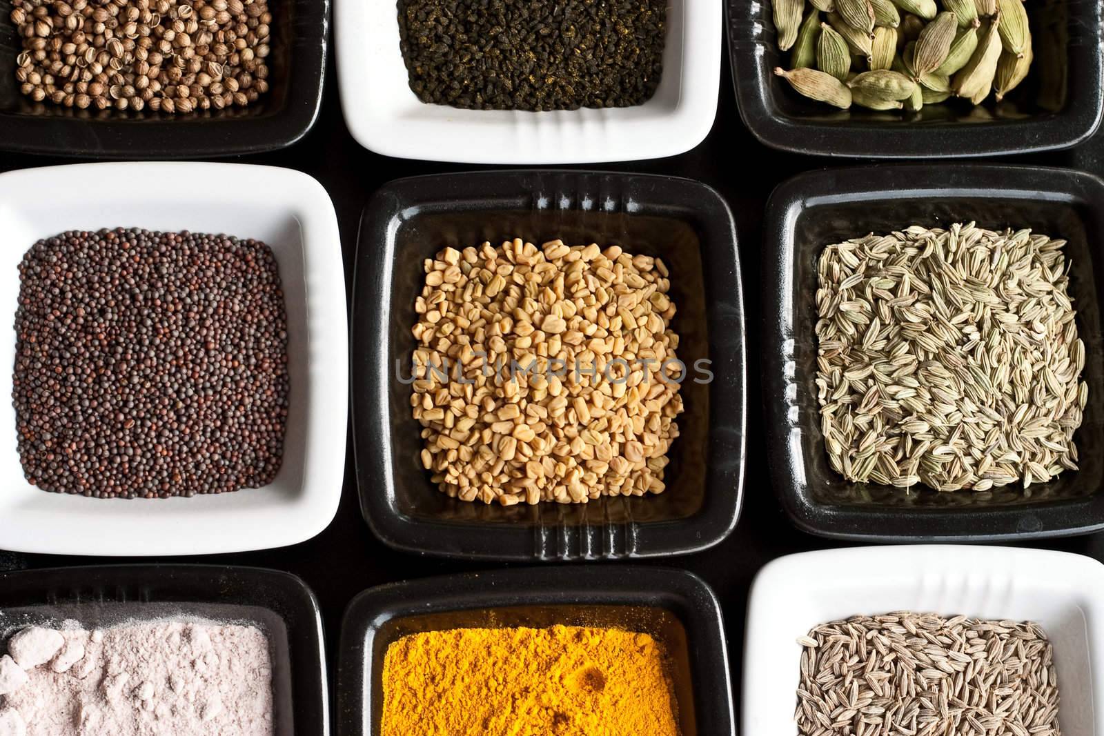 A set of original Indian spices: seeds of coriander, kalonji black onion seeds, elaichi cardamoms, brown mustard seeds, methi seeds fenugreek, fennel, grounded black salt, haldi powder, whole zeera