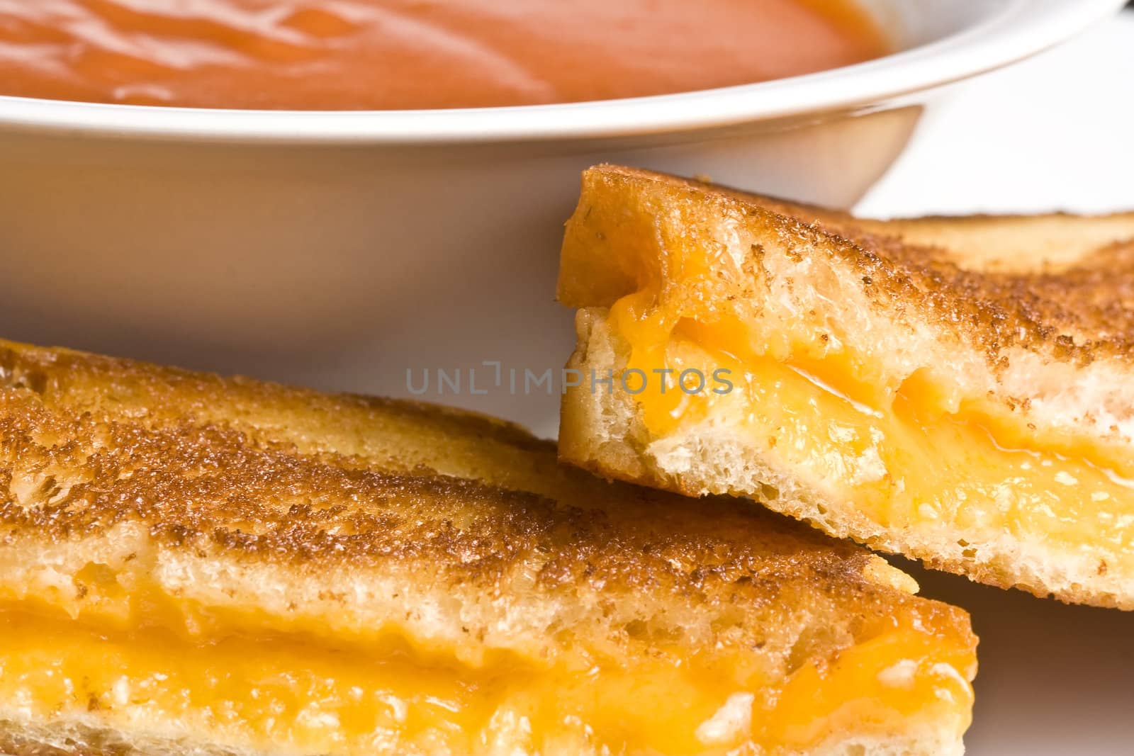 grilled cheese sandwich on a white plate shot with a macro lens