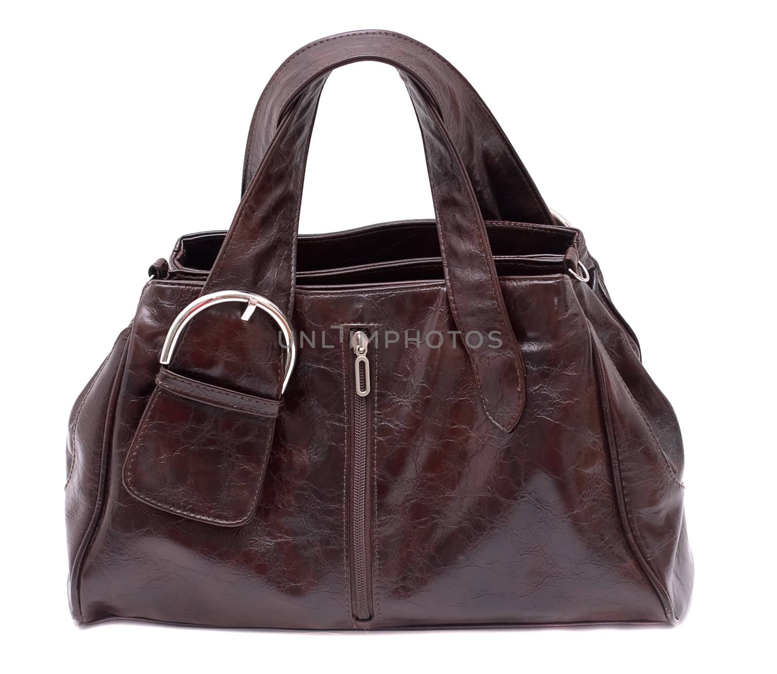 Womanish brown leather bag. Isolated on a white background.