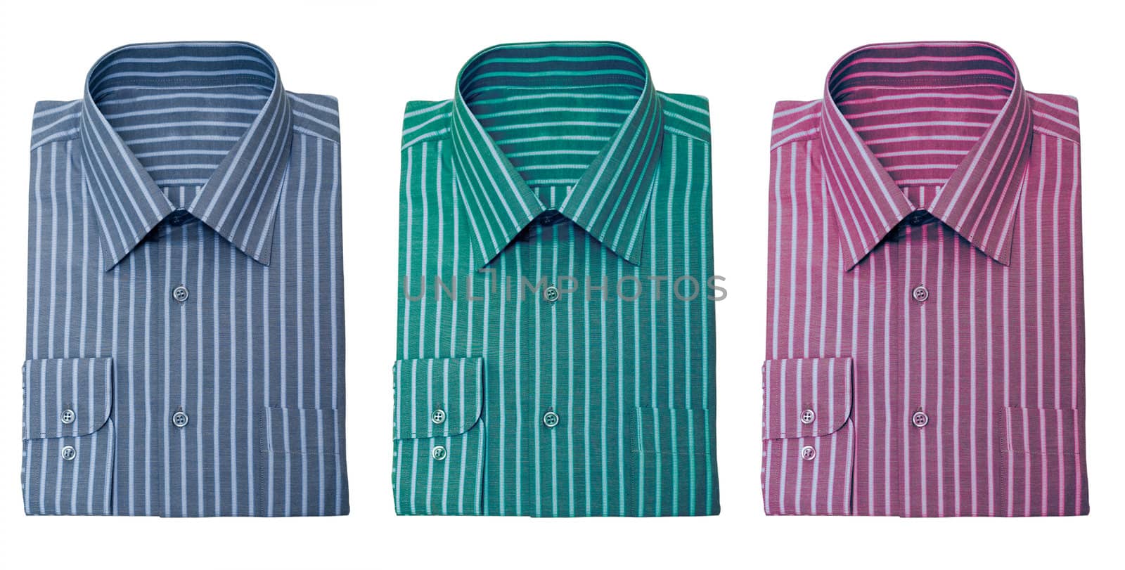 Men's striped shirts of different colors. Isolated on a white background. No shadows.