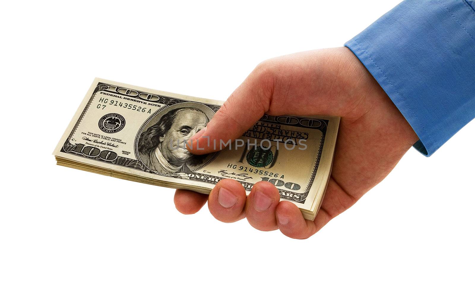 A hand holding money on white background