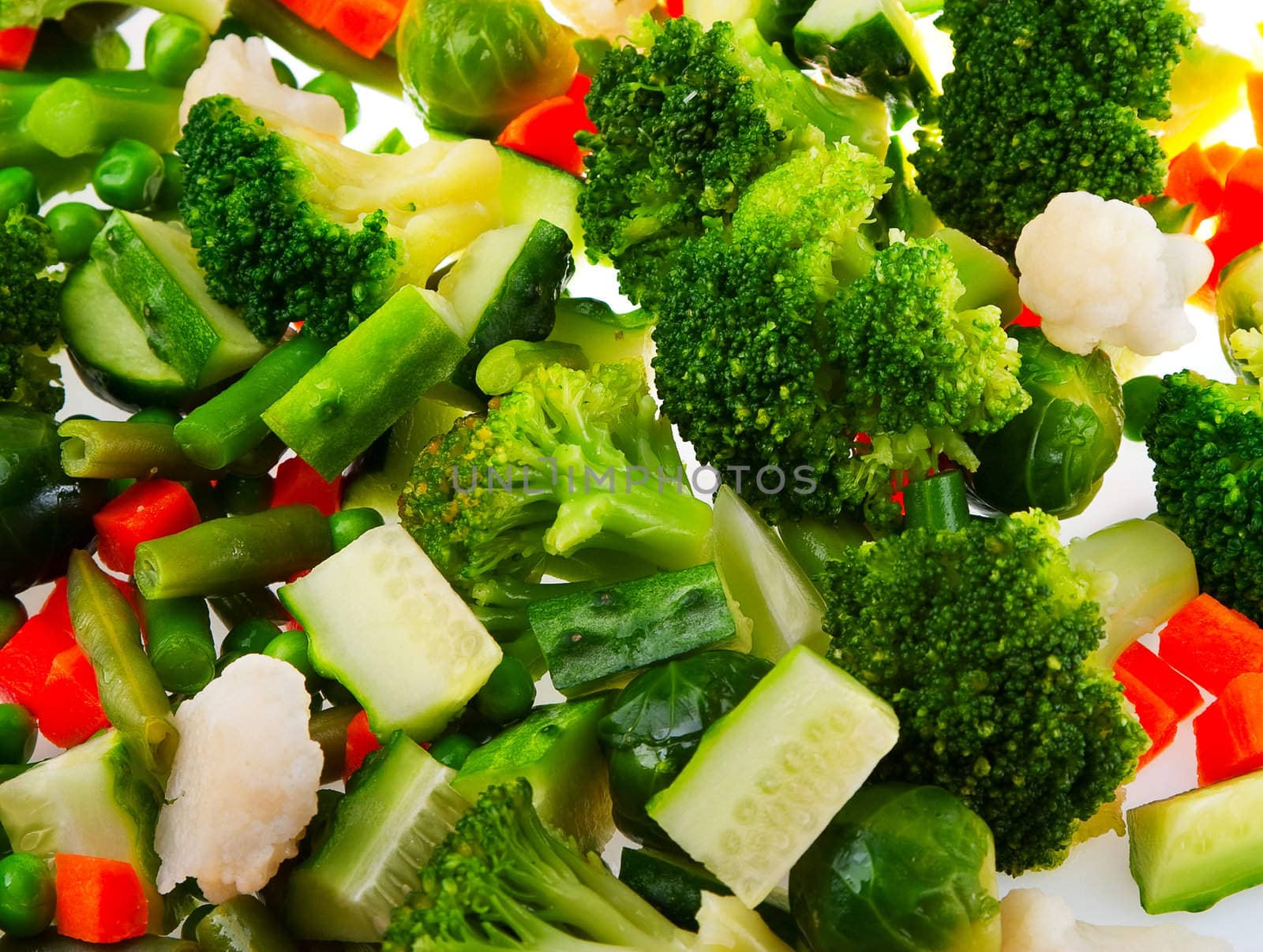 Healthy food: cauliflower, brussels sprouts, broccoli, carrots, string beans  and green peas