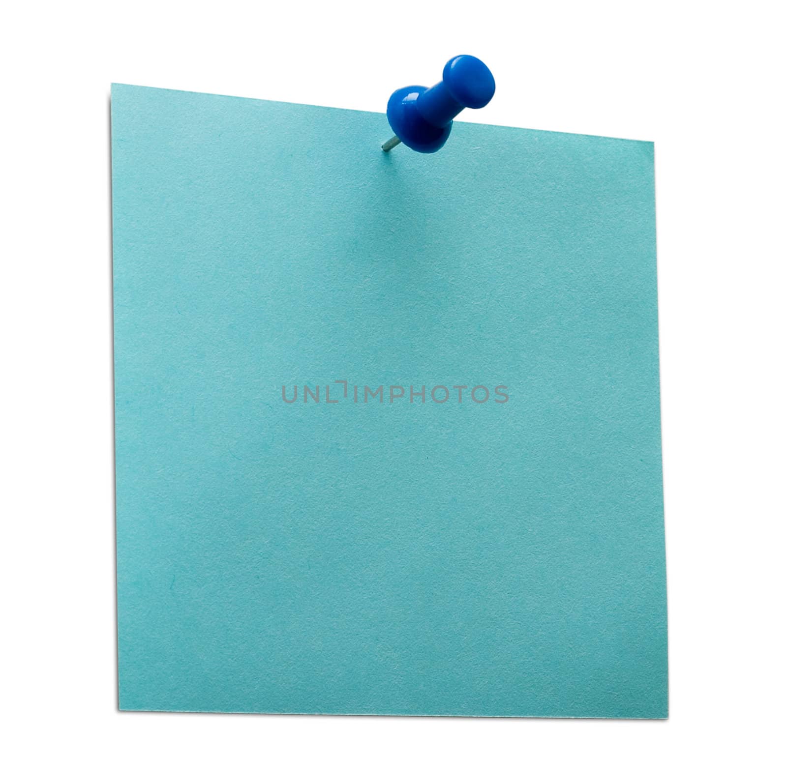 A blue post it note with spin isolated with clipping path. Studio light.