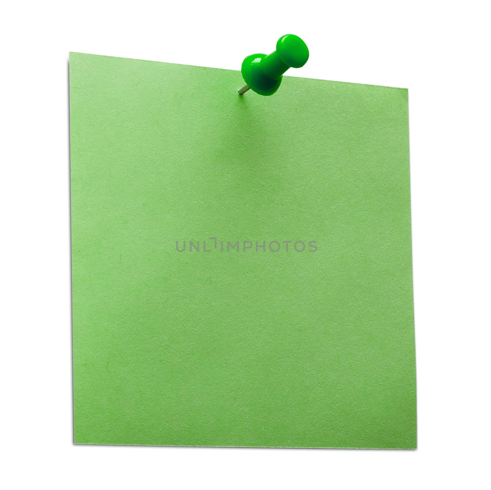 A green post it note with spin isolated with clipping path. Studio light.