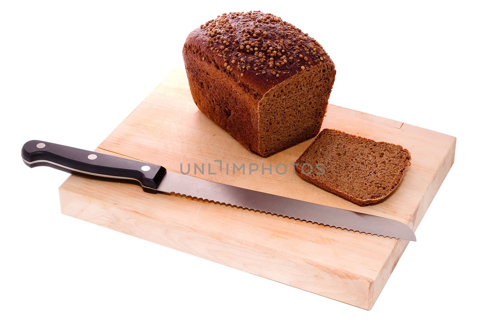 Rye bread and kitchen knife. Isolated on a white background