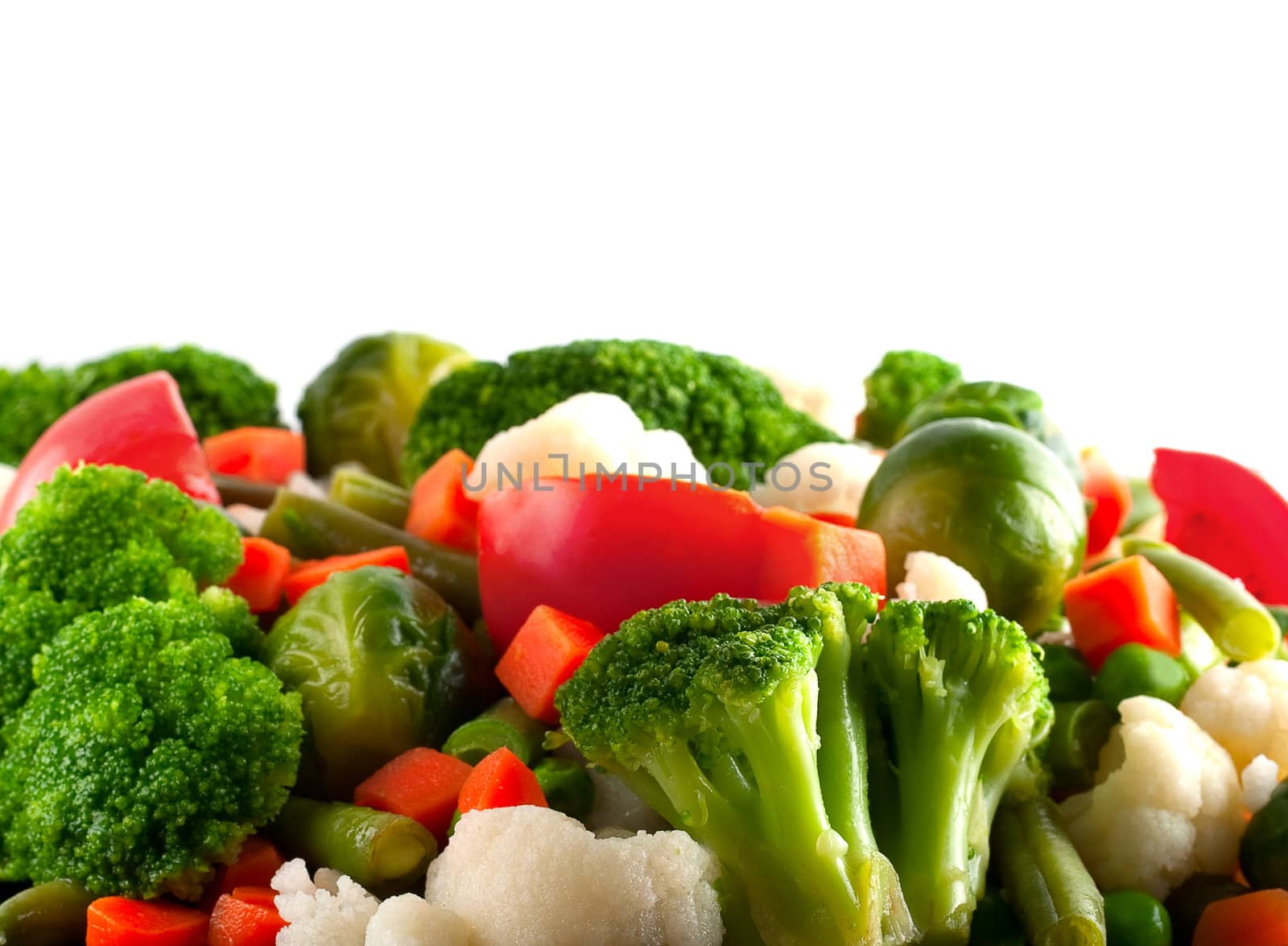 Healthy food: cauliflower, brussels sprouts, broccoli, carrots, string beans  and green peas