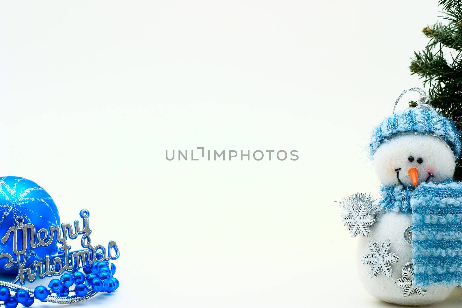 Cristmas card with snowman and cristmas-tree